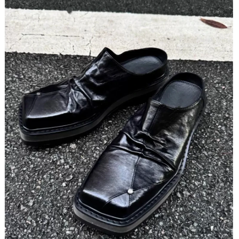 Men's Square Toe Mules Thick Platform Slip-On Half Shoes Vintage Pleated Black Loafers Casual Closed-Toe Backless Slipper