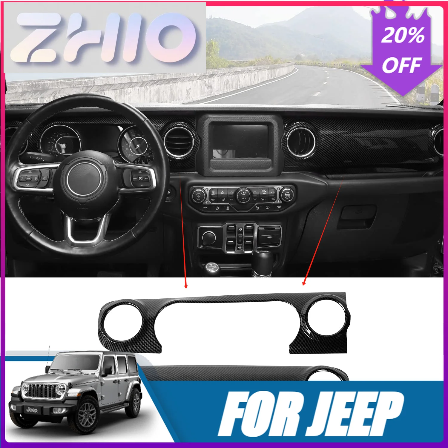 FIT For Jeep Wrangler JL JLU Gladiator JT 18-23 Carbon Fiber Center Console Trim Cover Dashboard Control Panel Interior Accessor