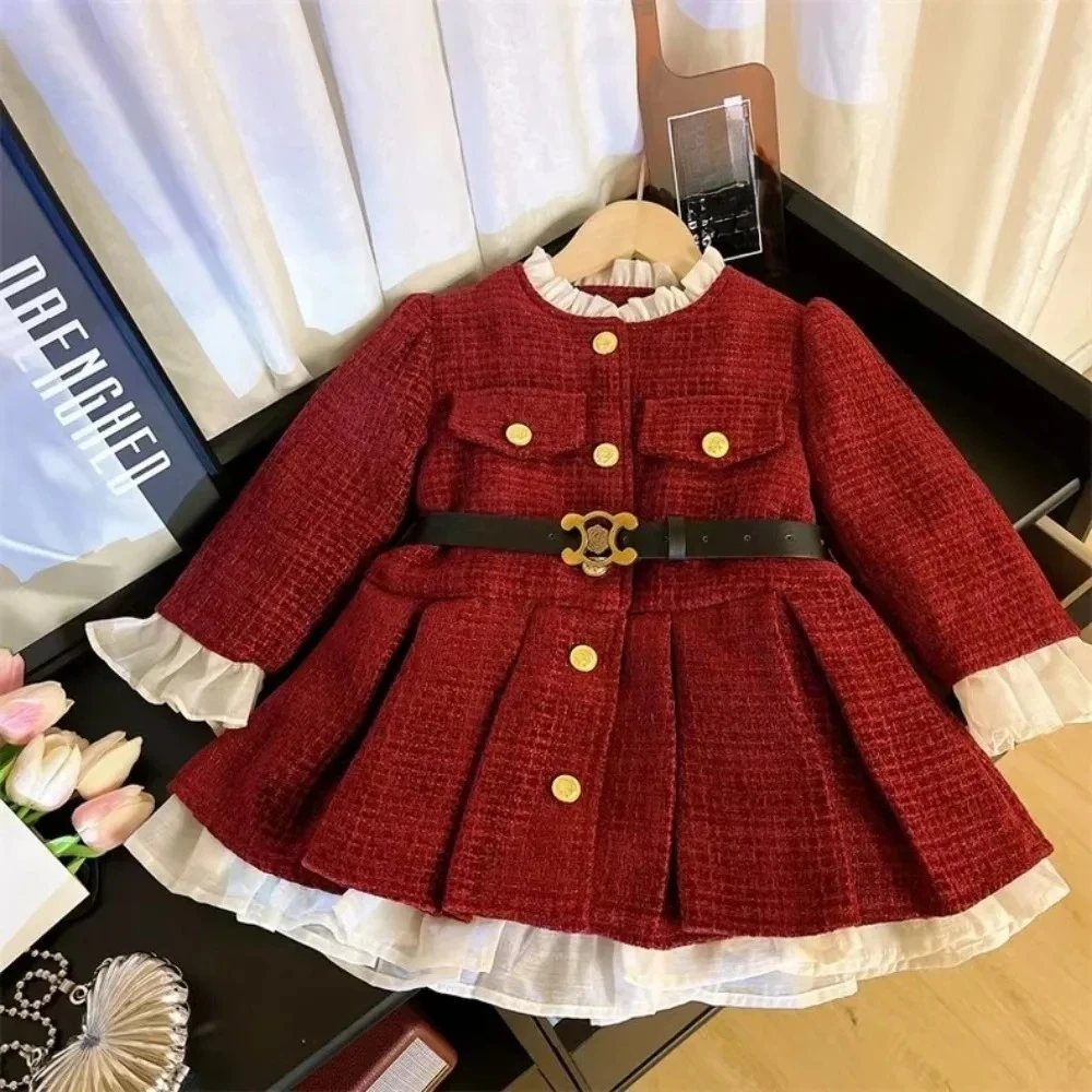 Autumn Winter New Red 2-7Y Girls Plaid Print Lace Dresses Warm  New Years  Clothes Korean Version Fashion Christmas Outfits