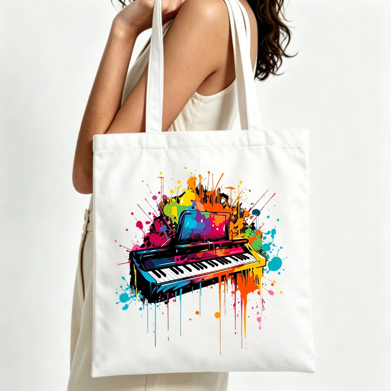 artistic piano graphic canvas tote bag with colorful splatter print, perfect for casual daily use and creative outings