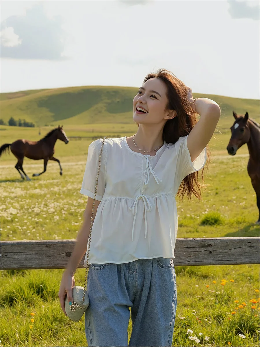 بلوزات أنيقة للنساء ربطة القوس فيونكة ثنيات أمامية مخططة بأكمام طويلة من الكتان بتفاصيل مكتبية للسيدات موضة الخريف الكورية #5