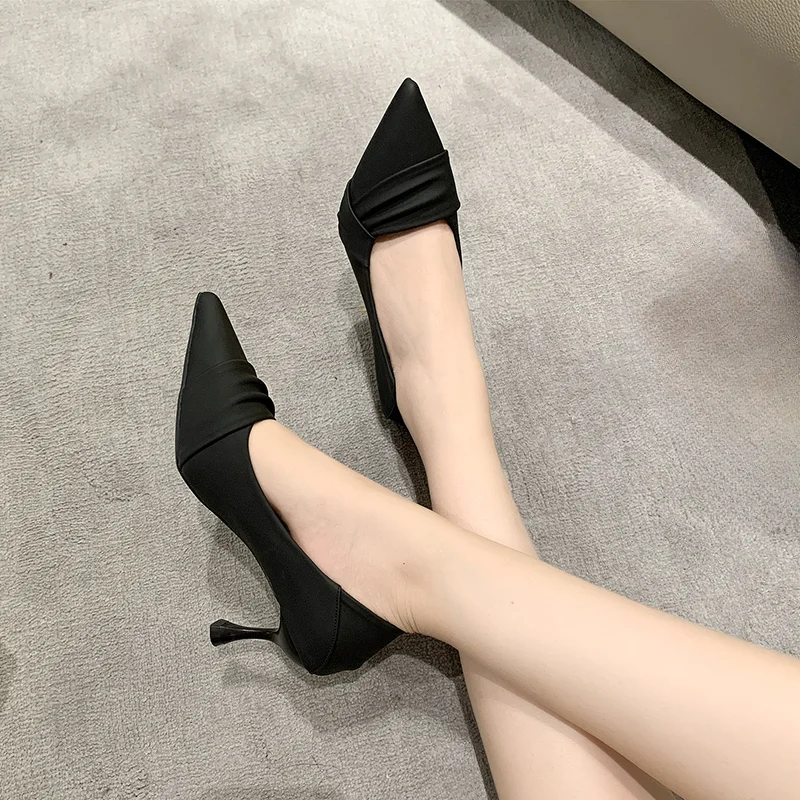 Women Fashion Sweet Black Pu Leather Stiletto Heels for Party Night Club Lady Summer Office Cusp Heel Shoes Spring Summer