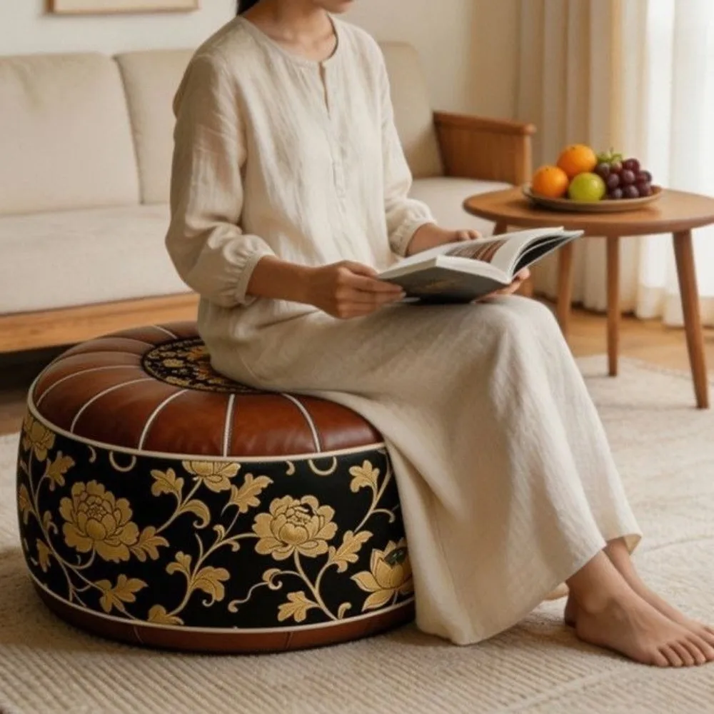PU Leather Boho Style Seat Cushion Cover Unstuffed Large Capacity Sofa Stool Cover Fillable Design Waterproof Storage Leg Bench