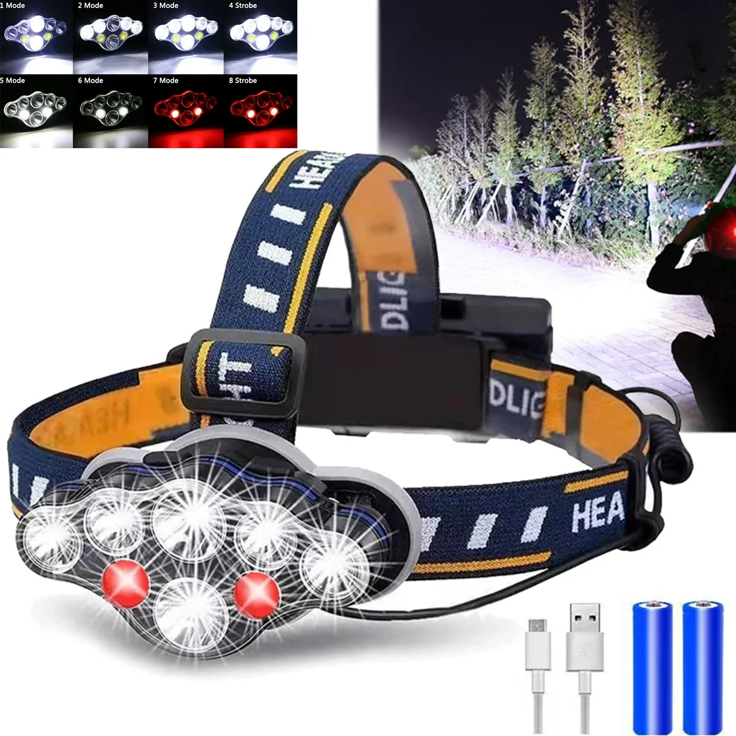 

10000LM 8 LED Headlamp USB Rechargeable Headlight with Red Light Outdoor Camping Head Flashlight 8 Modes Fishing Hunting Light