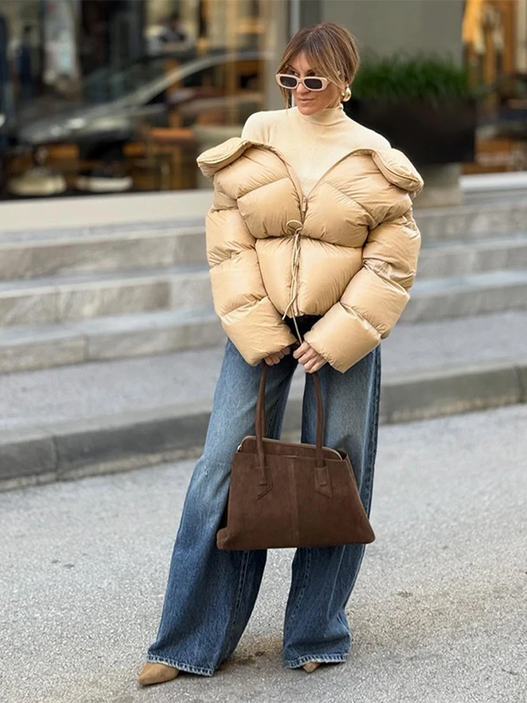 

Fashion Quilted Cotton Coat Women's Solid Turtleneck Lace-up Full Sleeve Warm Jacket 2025 Autumn Winter Lady Commuter Outwear