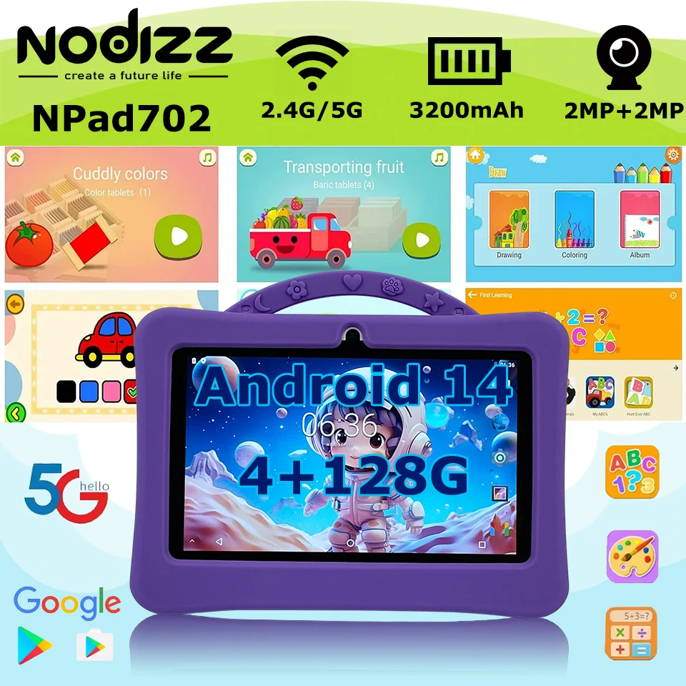 

Nodizz New 7 Inch Android 14.0 Cartoon Pattern Kids Tablets WiFi Learning Education Tablets with Parent Control Children's Gifts