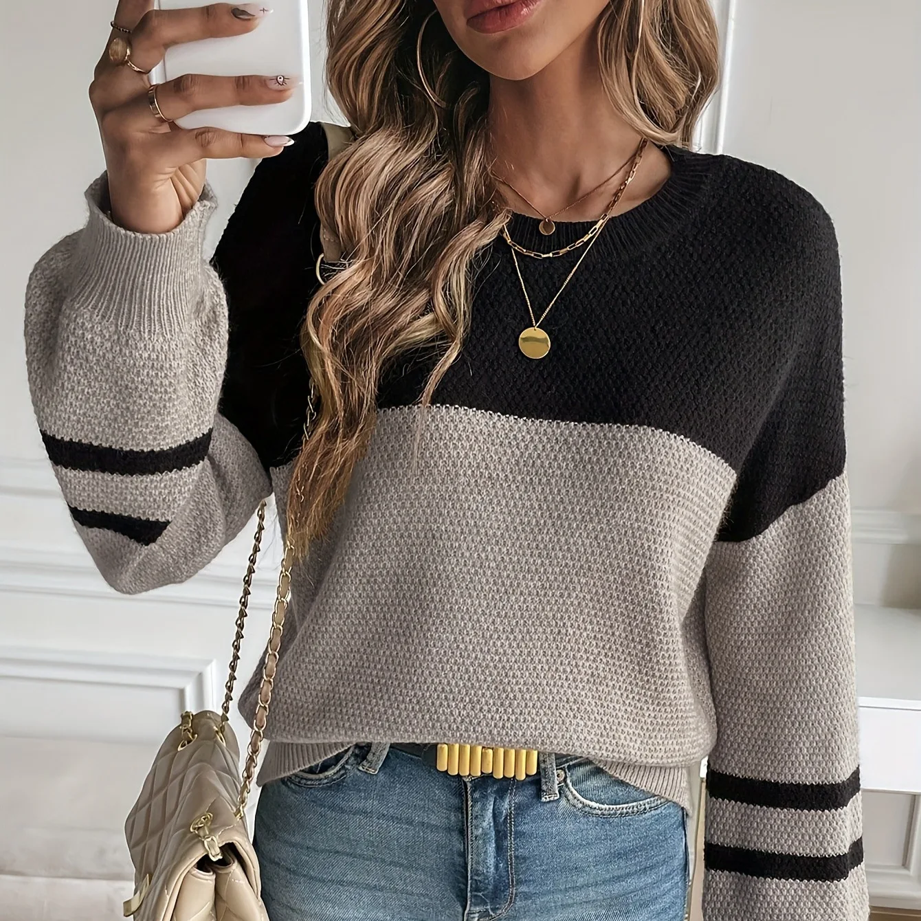 

Women's Knitted Pullover Casual Two-color Spliced Shoulder Sweater for Autumn 2025