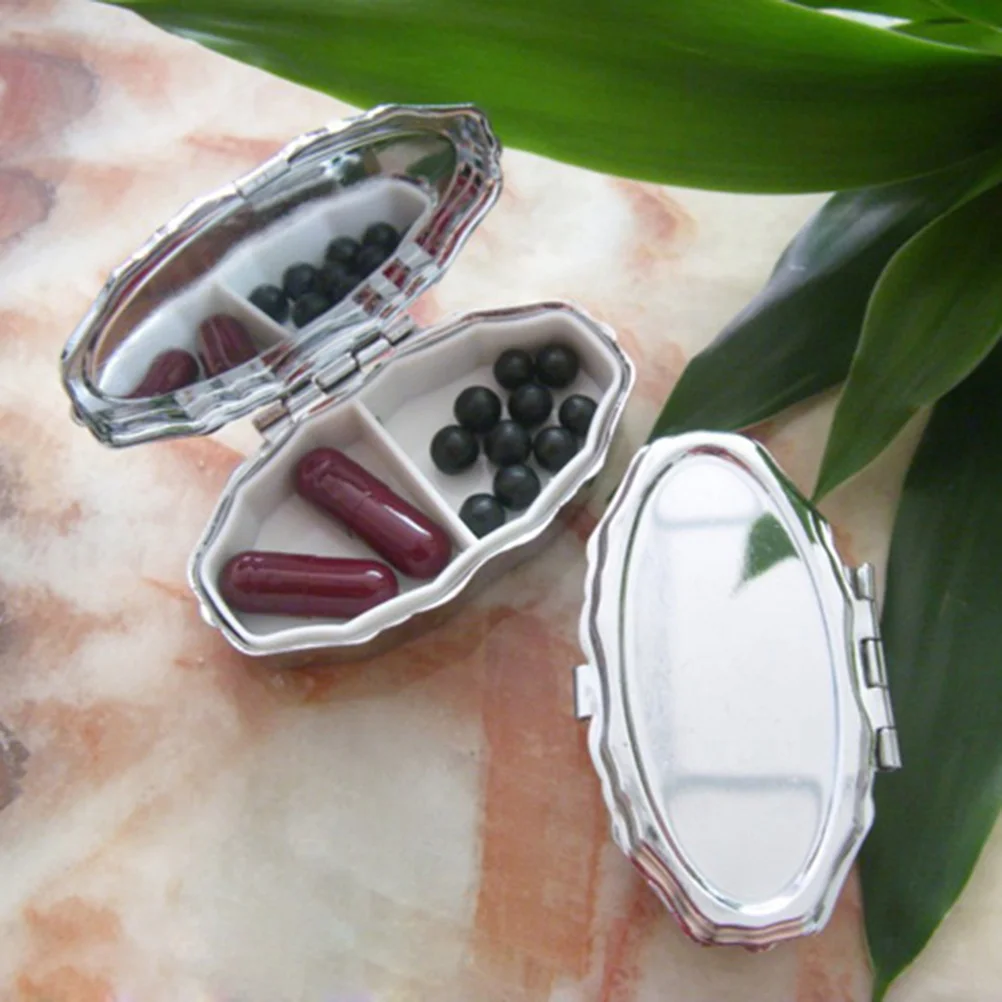 علبة حبوب منع الحمل معدنية مستديرة من الحديد المقاوم للصدأ مكونة من حجرتين لتنظيم حاوية الأدوية فيتامين للسفر في الهواء الطلق #2