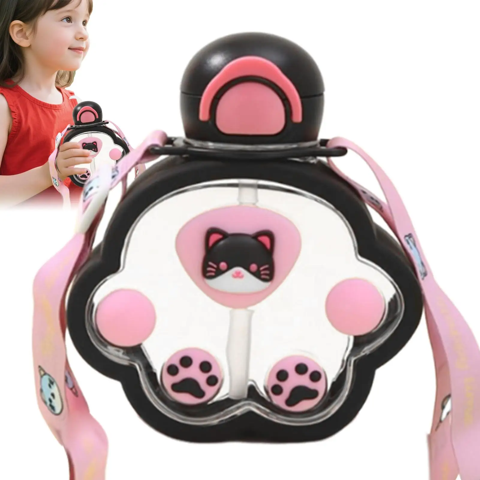 Cute Water Bottle With Straw 520ML Cat Paw Shape Kids Water Bottle Leakproof Portable Cartoon Drinking Cup With Straw Shoulder