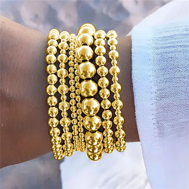 Trend Stretch Stainless Steel Bracelets Gold Sliver Color 4MM 6MM 8MM Stacked Ball Beaded Bracelet For Women Men Jewelry