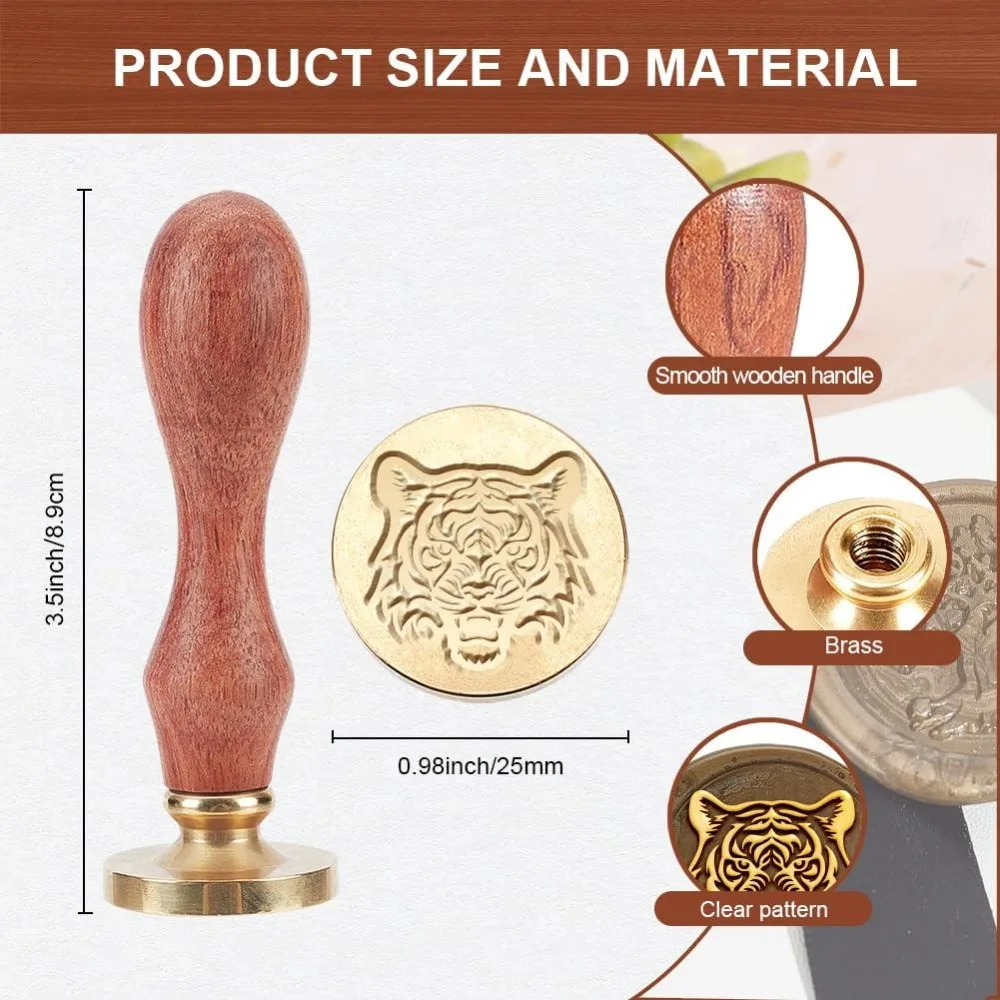 Tiger Seal Stamp 25mm Wild Animal Sealing Stamps Wildlife Brass Removable Heads Wood Handle for Gift Wrapping Envelopes Cards