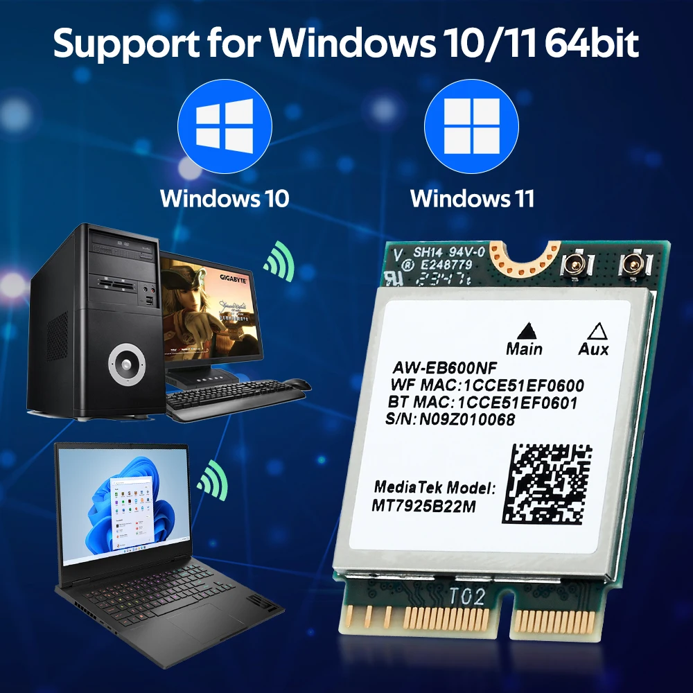 Adapter bezprzewodowy WiFi 7 MT7925 M.2 NGFF Tri Band 2.4G/5G/6GHz BT 5.4 802.11AX z zestawem antenowym do PC z systemem Win 10/11 — zdjęcie produktu 6