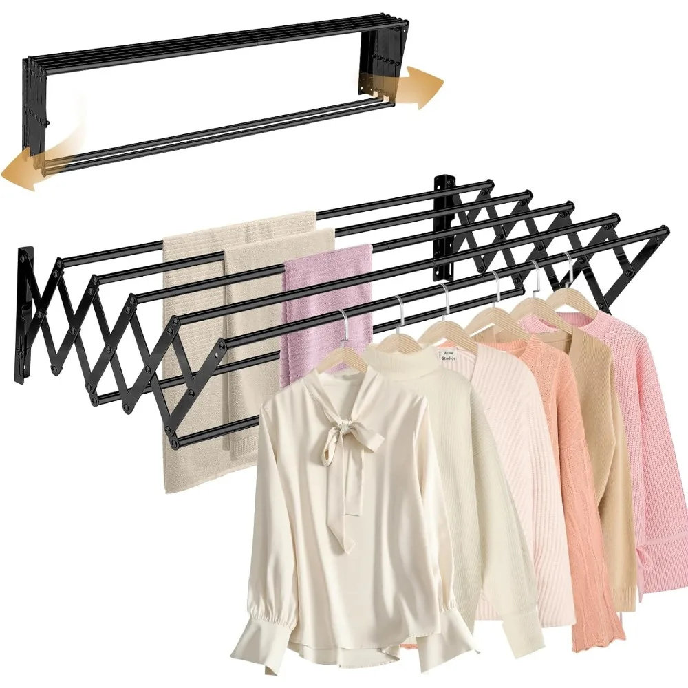 

31.5'' Wall Mounted Clothes Drying Rack, 130 lbs Capacity Rustproof Retractable with 7 Rods, Space Saving for Laundry-Black