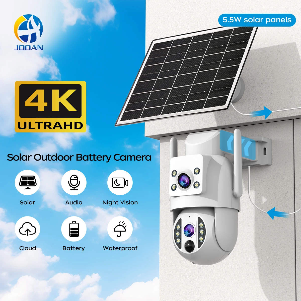 【セール中】JOOAN 4K 6MP WiFi 監視カメラ ソーラー屋外 CCTV カメラ ソーラーパネル付き デュアルレンズ PTZ IP カム セキュリティ保護