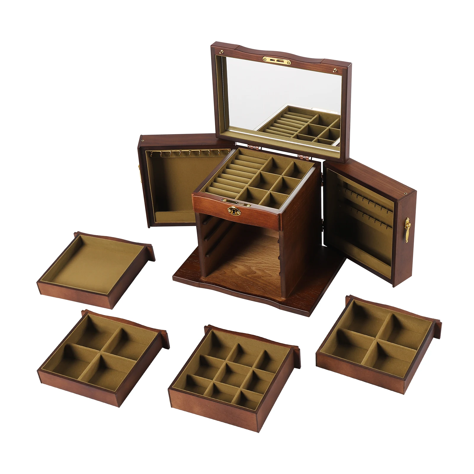 Holz Organizer mit Combo Lock Vintage-Stil Aufbewahrung sbox mit Spiegel