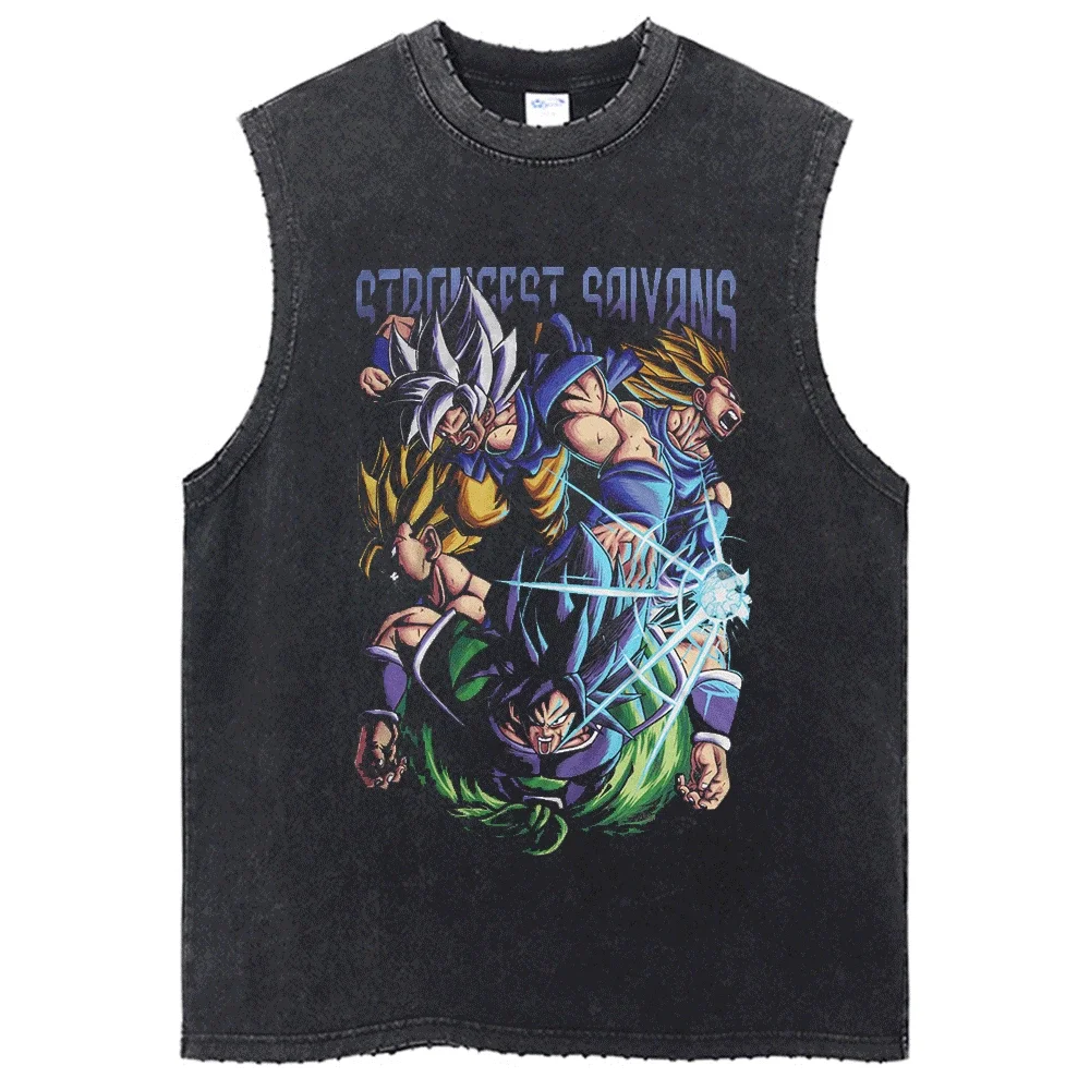 Washed Tshirt VintageTank Sleeveless Dragon Ball Anime Graphic Oversized Black Harajuku T Shirt Summer Short Sleeve T-Shirt