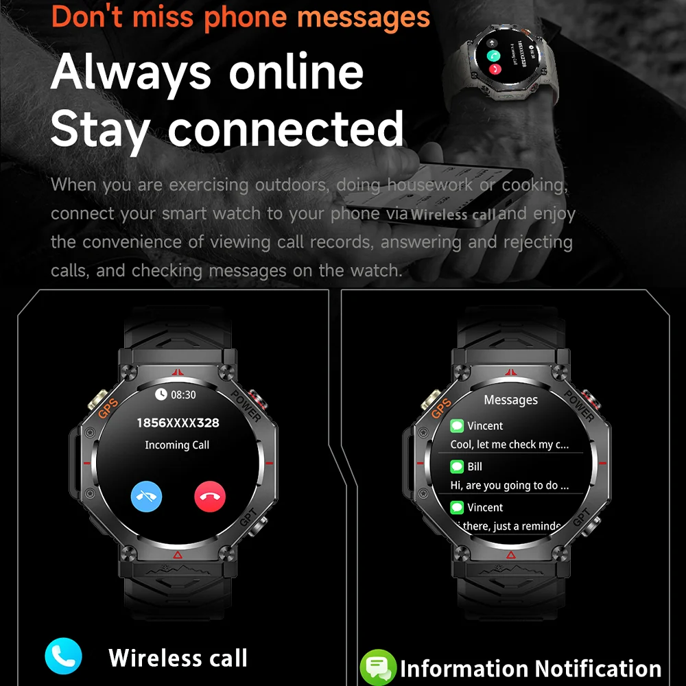 Nowy Smartwatch 2025 z GPS Ultra dla Androida i iOS, wodoodporny 10ATM, z wbudowanym dwuzakresowym GNSS, kompasem, wojskowy, sportowy, męski, do pływania, bransoletka.