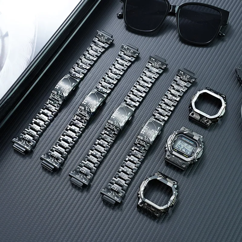 DW5600 GMW-B5000 Titanium alloy case For Casio G-Shock DW-5600 GW-M5610 stainless steel Metal Bezel Strap -Circuit board texture