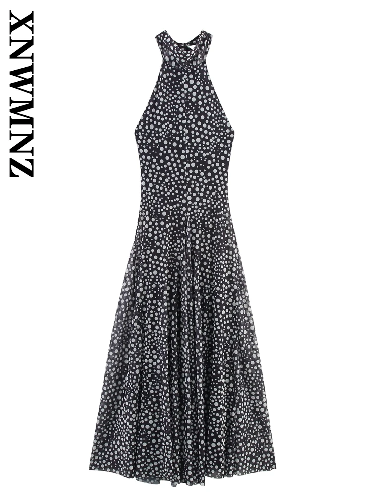 XNWMNZ 2025 novedad de verano señora elegante Sexy sin mangas Halter espalda descubierta vestidos largos moda de vacaciones mujer hombro boho vestido de lunares corbata