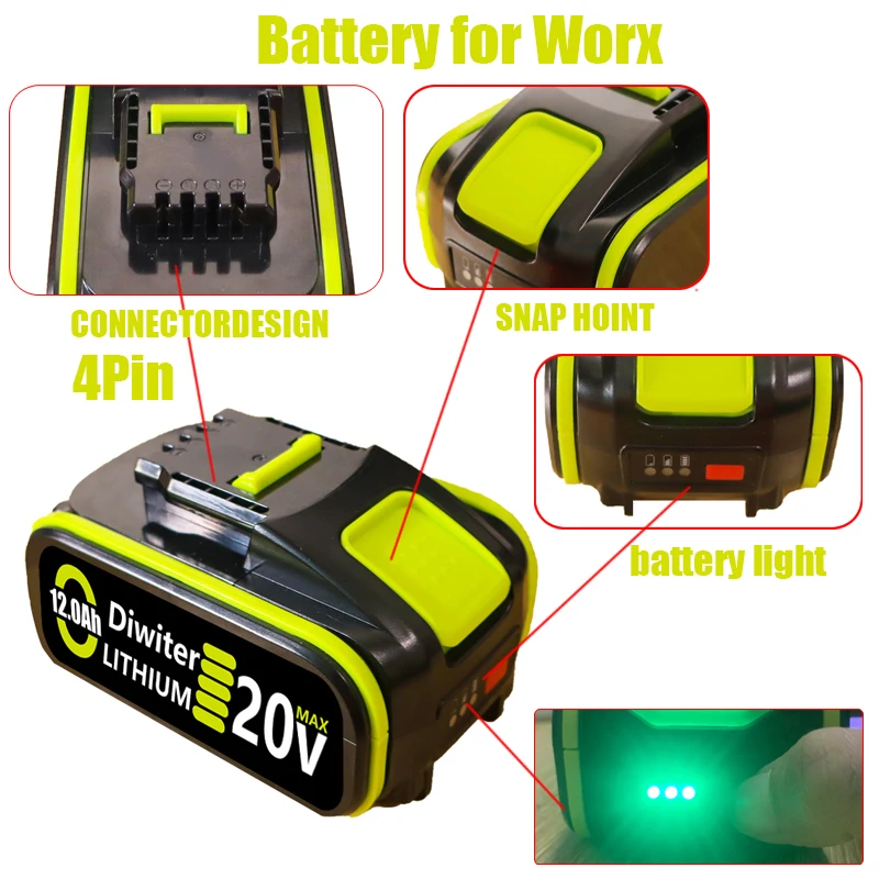 für Worx 20 V 8,0 Ah/12,0 Ah Lithium-Akku wiederaufladbar WA3553 WA3551 WA3553.1 WA3570 für alle WORX-Elektro- und Gartengeräte