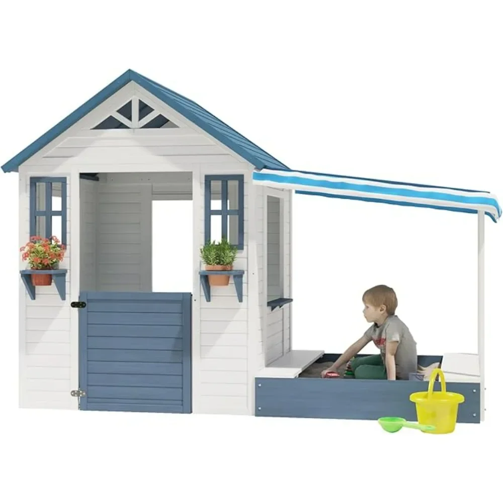 Kids Playhouse with Sandbox, Wooden Outdoor Cottage Play House with Sand Pit for Backyard Garden Ages 3 to 10 Years Old