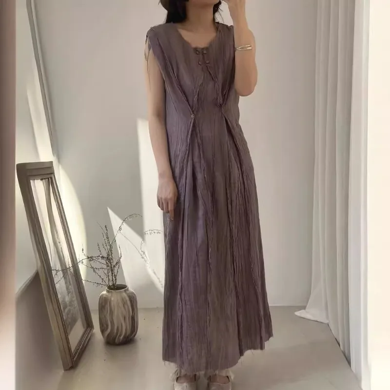 2024 Waist slimming design dress Ramie wool edge straight Tank Dresses