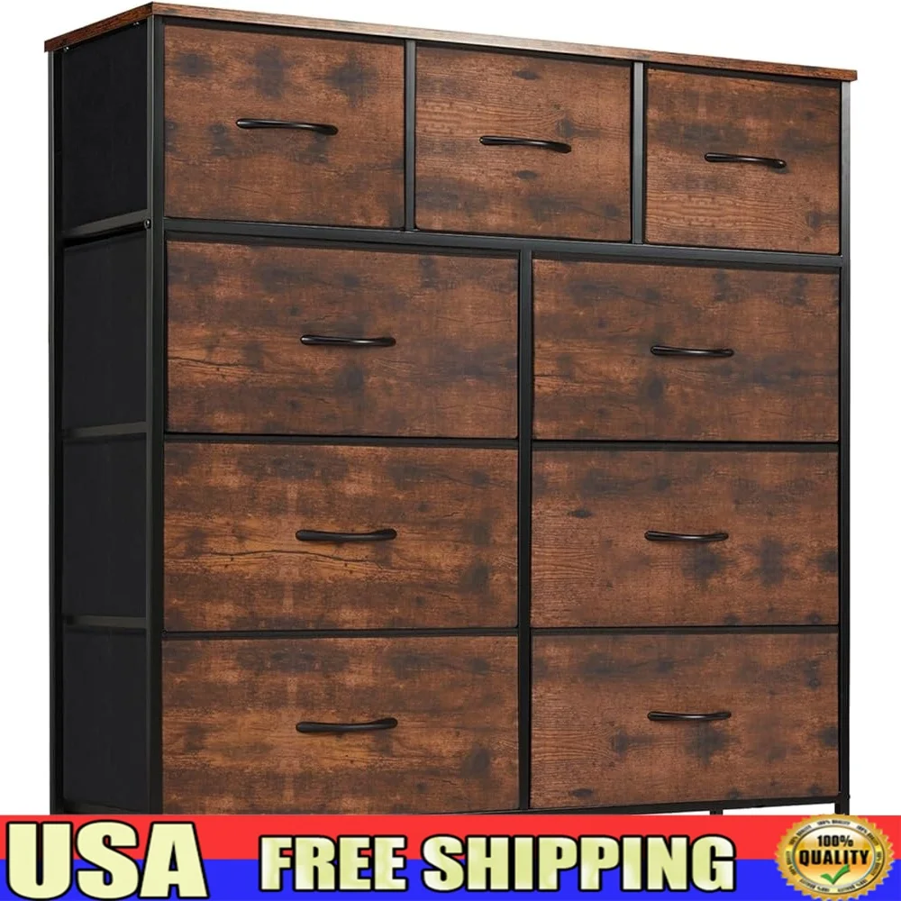 

9 Drawer Dresser Storage Organizer Fabric Bins Wooden Top Sturdy Metal Frame Bedroom Closet Furniture Easy Assembly