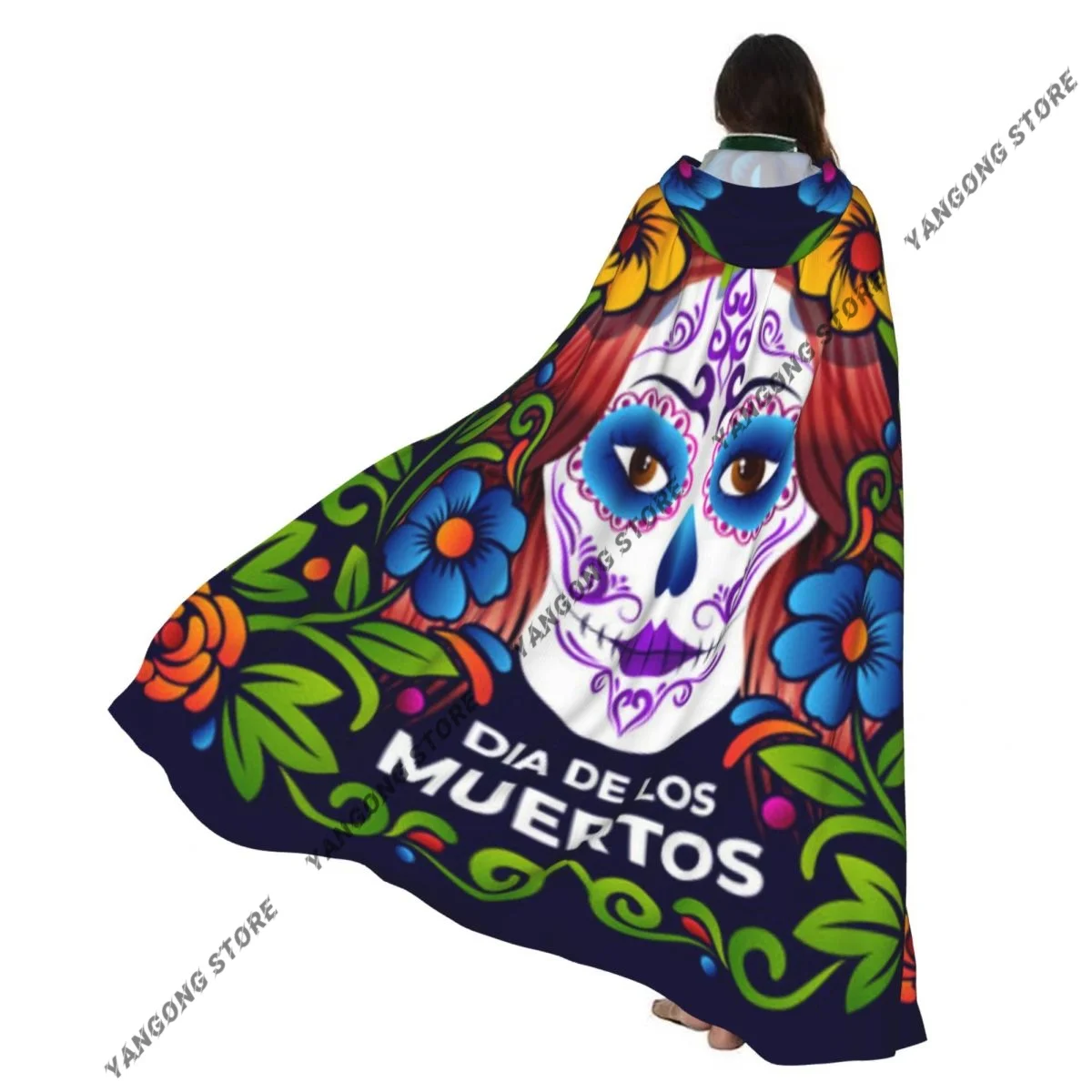 

Adult Halloween Dia De Muertos Skull Floral Cloak Cape Hooded Medieval Costume Full Length Dress Coat