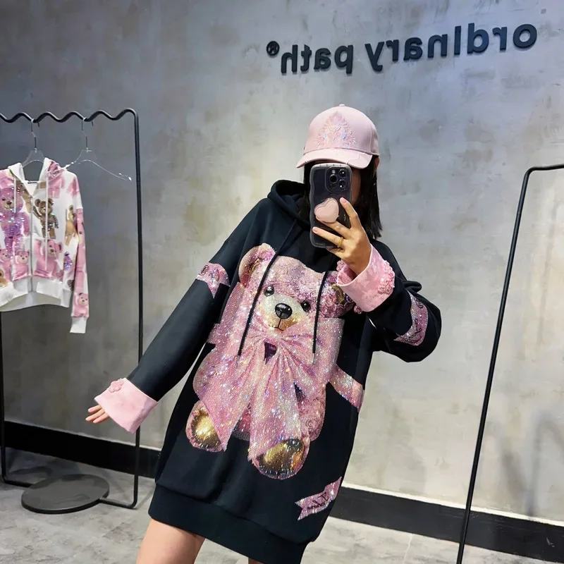 Chinese Style Luxury Frog Diamonds Sweater Dress 2025 New Spring Mid-long Hooded Pullover Top Hot Drilling Cute Bear Hoodies