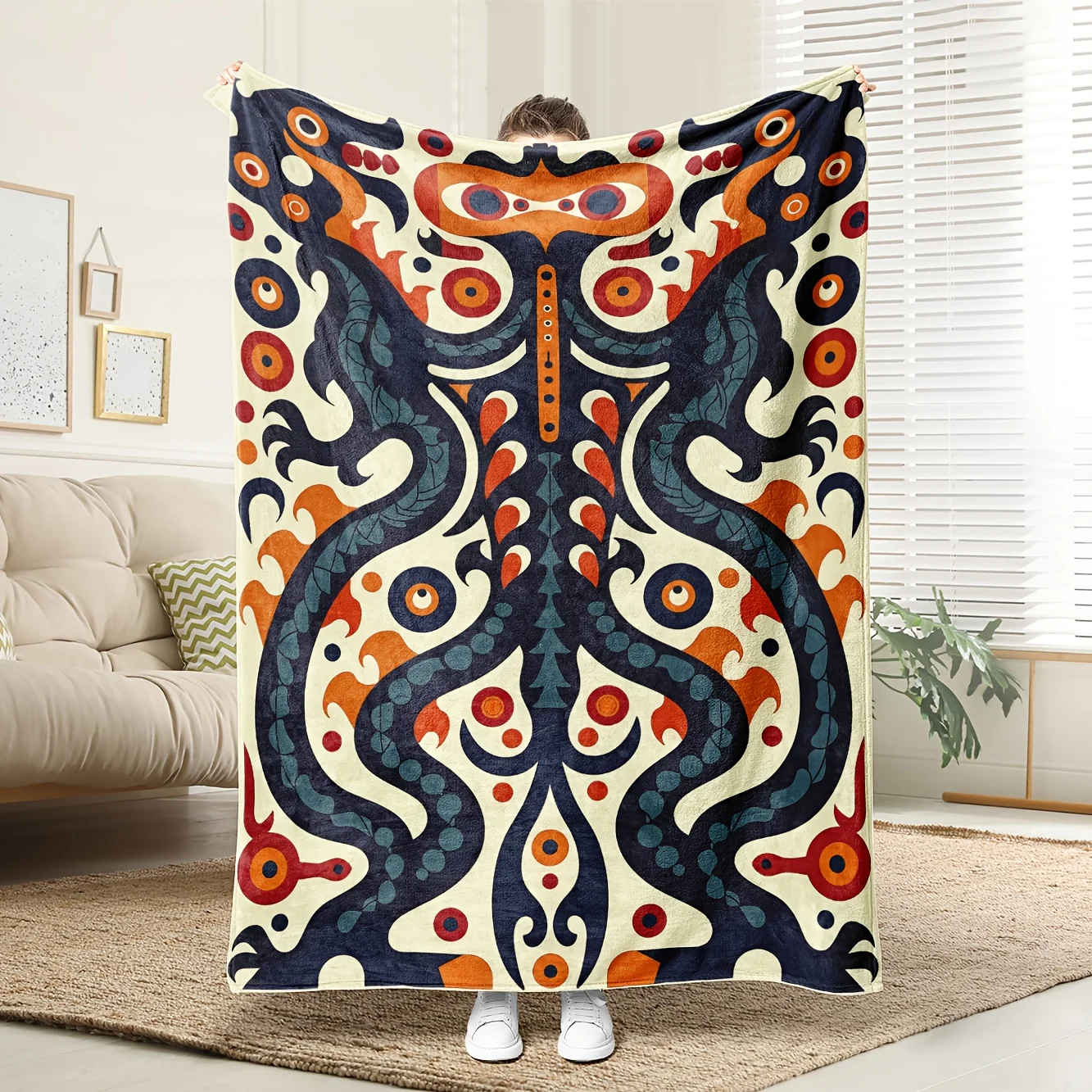 1pc Aztec Tribal Fleece Blanket - Soft Breathable 100% Polyester, High-Definition Digital Print in Navy Blue/Orange/Red/Black/Wh