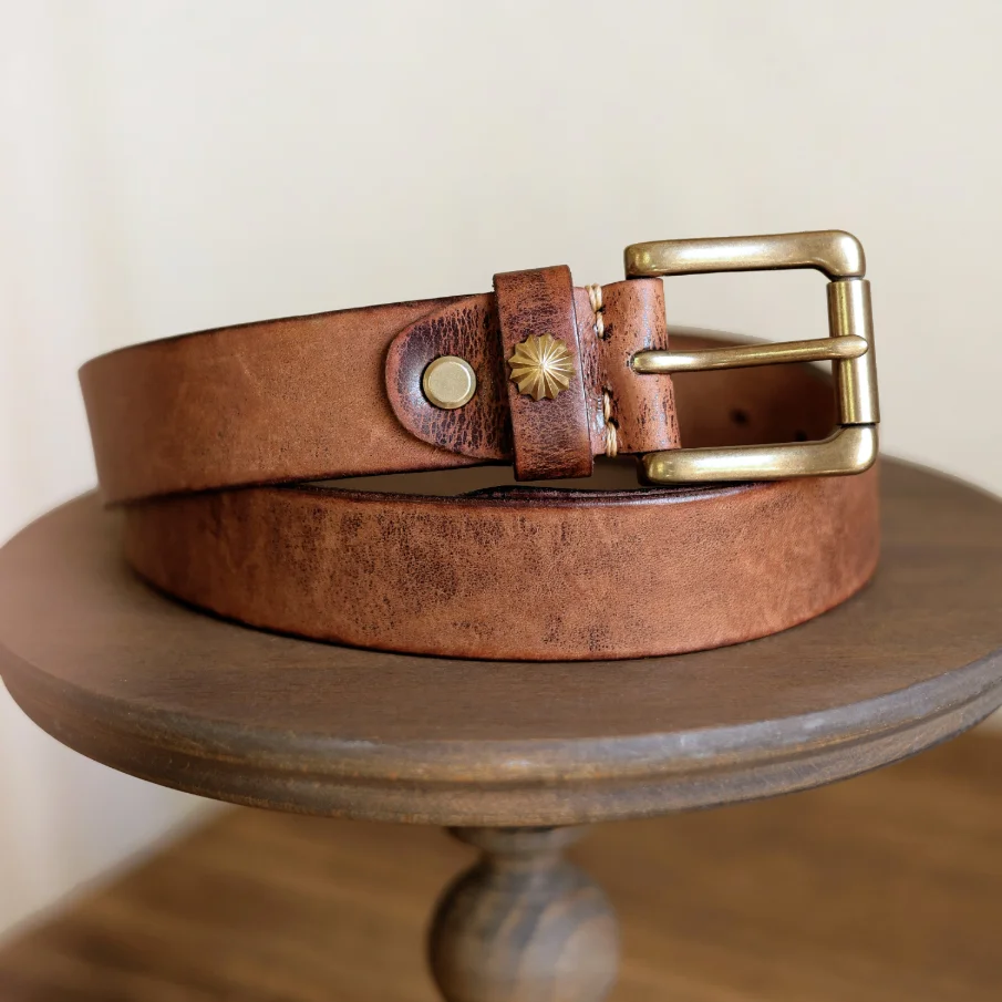 Retro Vegetable Tanned Top Layer Leather Belt Distressed Brush Dyed Matte Finish Copper Pin Buckle Genuine Leather Waist Belt