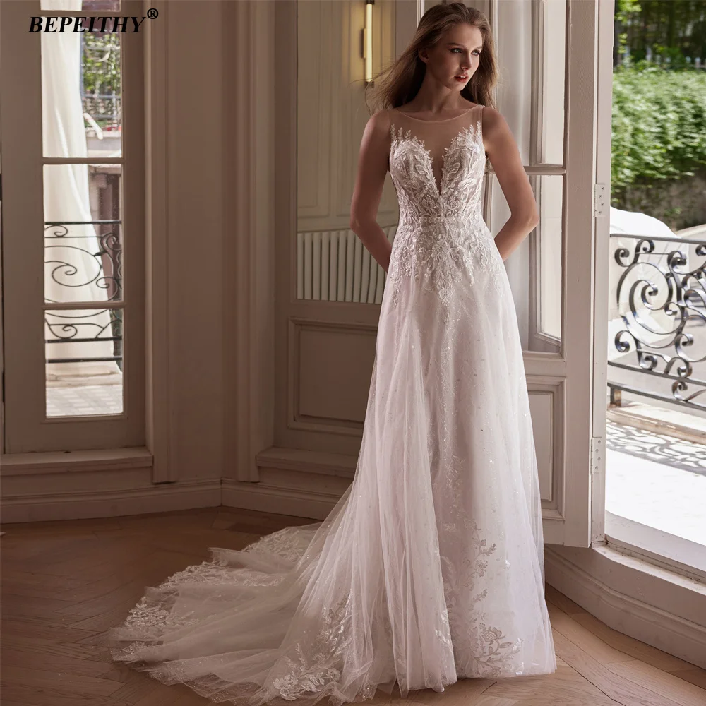 BEPEITHY Кружевное свадебное платье без рукавов с круглым вырезом в стиле бохо для женщин, 2025, пляжное свадебное платье трапециевидной формы для невесты, Vestidos De Novia BEPEITHY Кружевное свадебное платье без рукавов с круглым вырезом в стиле бохо для женщин, 2025, пляжное свадебное платье трапециевидной формы для невесты, Vestidos De Novia