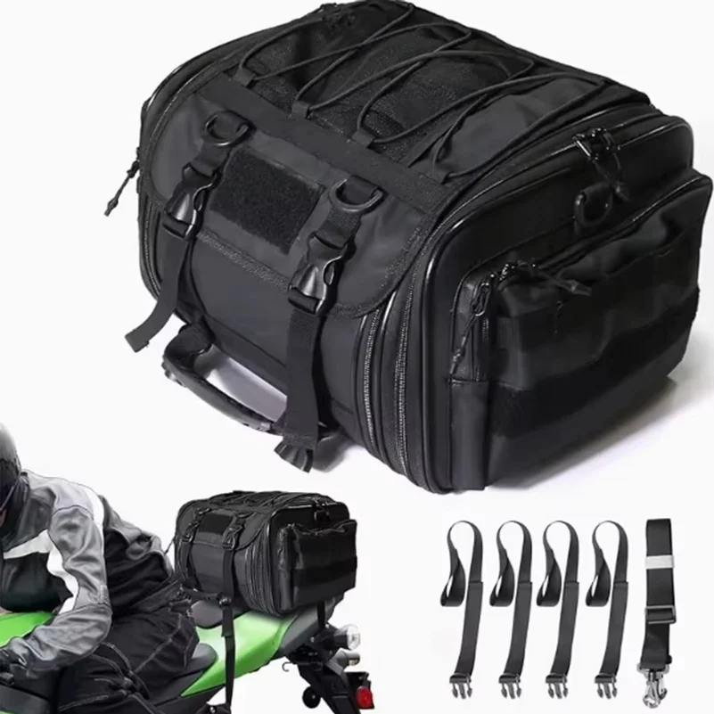 Motorcycle Travel Luggage Rear Tail Bag, Expandable Motorcycle Tail Bag, Saddlebag Storage with Shoulder Strap