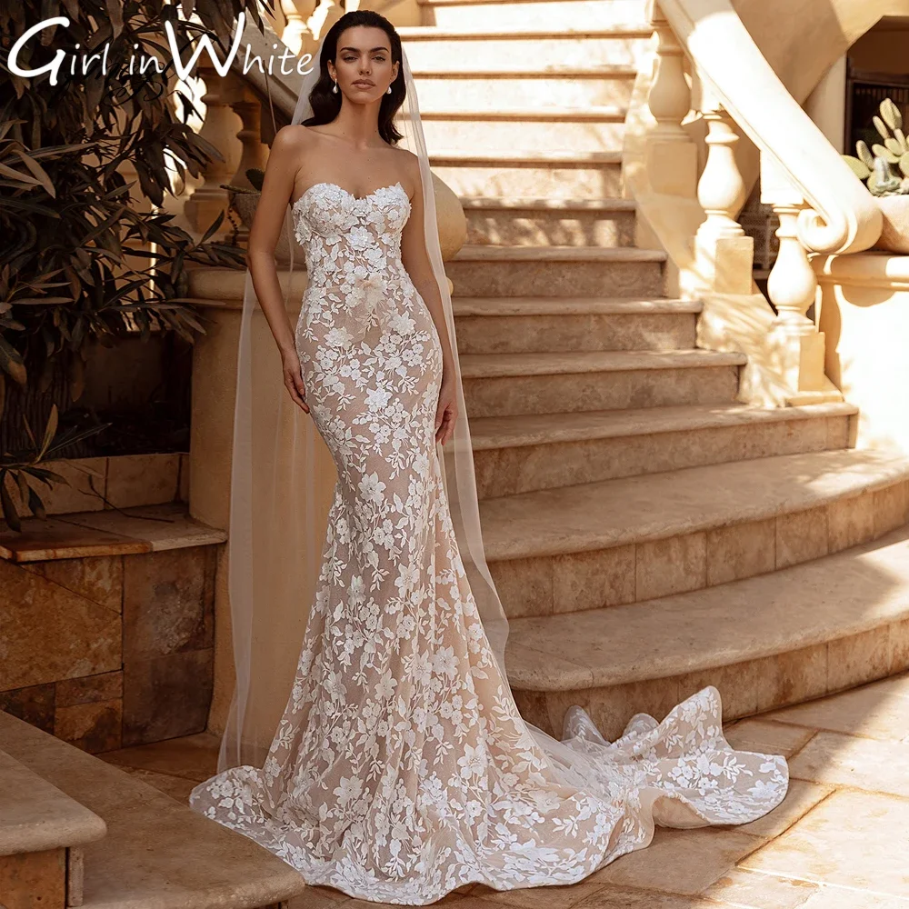 تخصيص قبالة الكتف الحبيب انفصال قطار الدانتيل حورية البحر فساتين الزفاف عارية الذراعين يزين مطرز ثوب الزفاف البوق