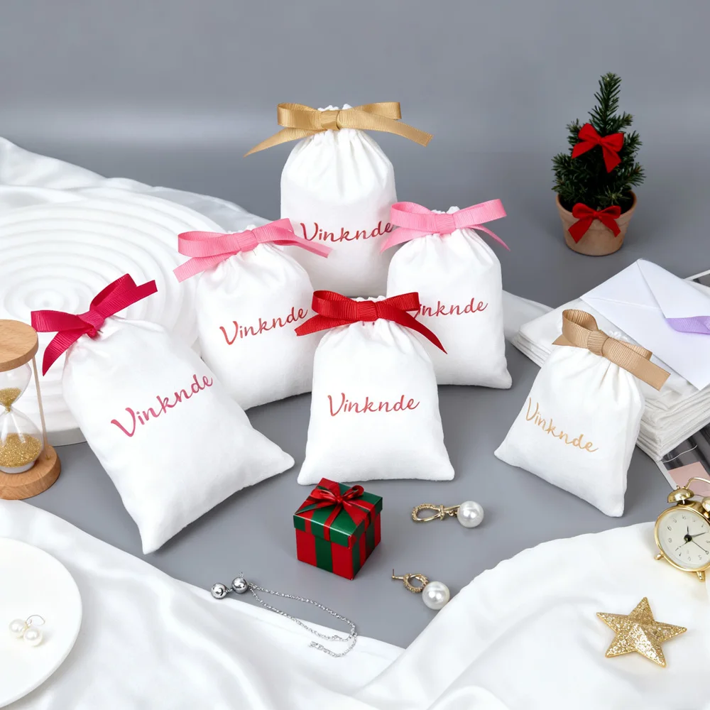 

50Pcs White Velvet Nice Jewelry Packing Bags Pendant Stainless Ring Flannel Pouches with Ribbon for Valentine's Day Bracelets