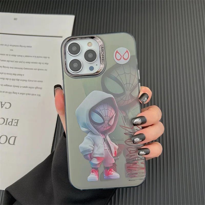 Cute Cartoon Anime S-Spider-Man Clear Case For iPhone 15 14 13 12 11 Pro Max Silicone Shockproof Plating Lens Protective Cover