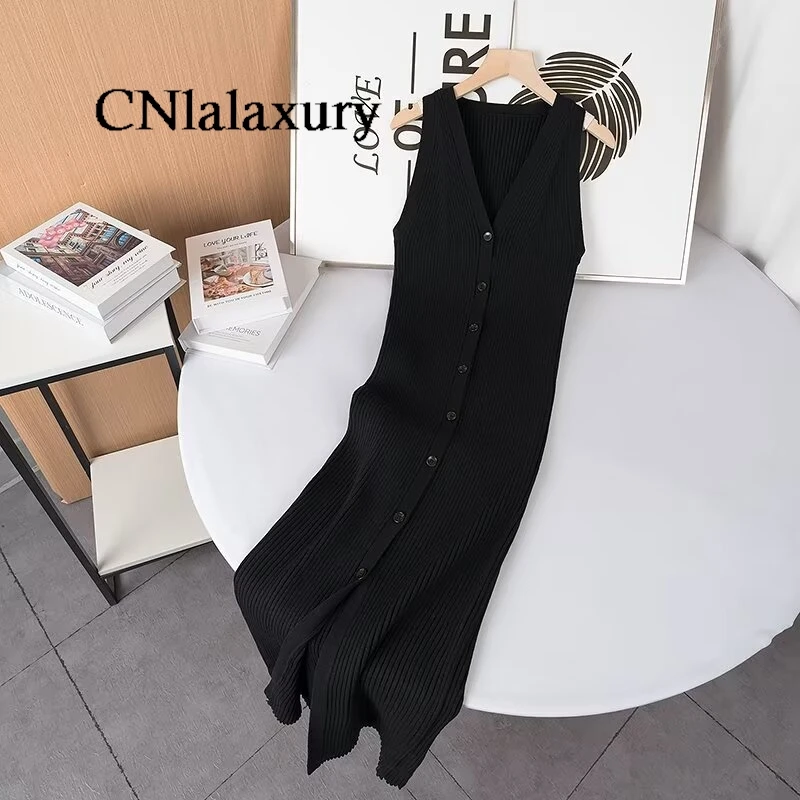 CNlalaxury Women 2024 Summer New Fashion Vest abito lavorato a maglia Chic con scollo a v Button Slim All-match abiti Vestidos Mujer