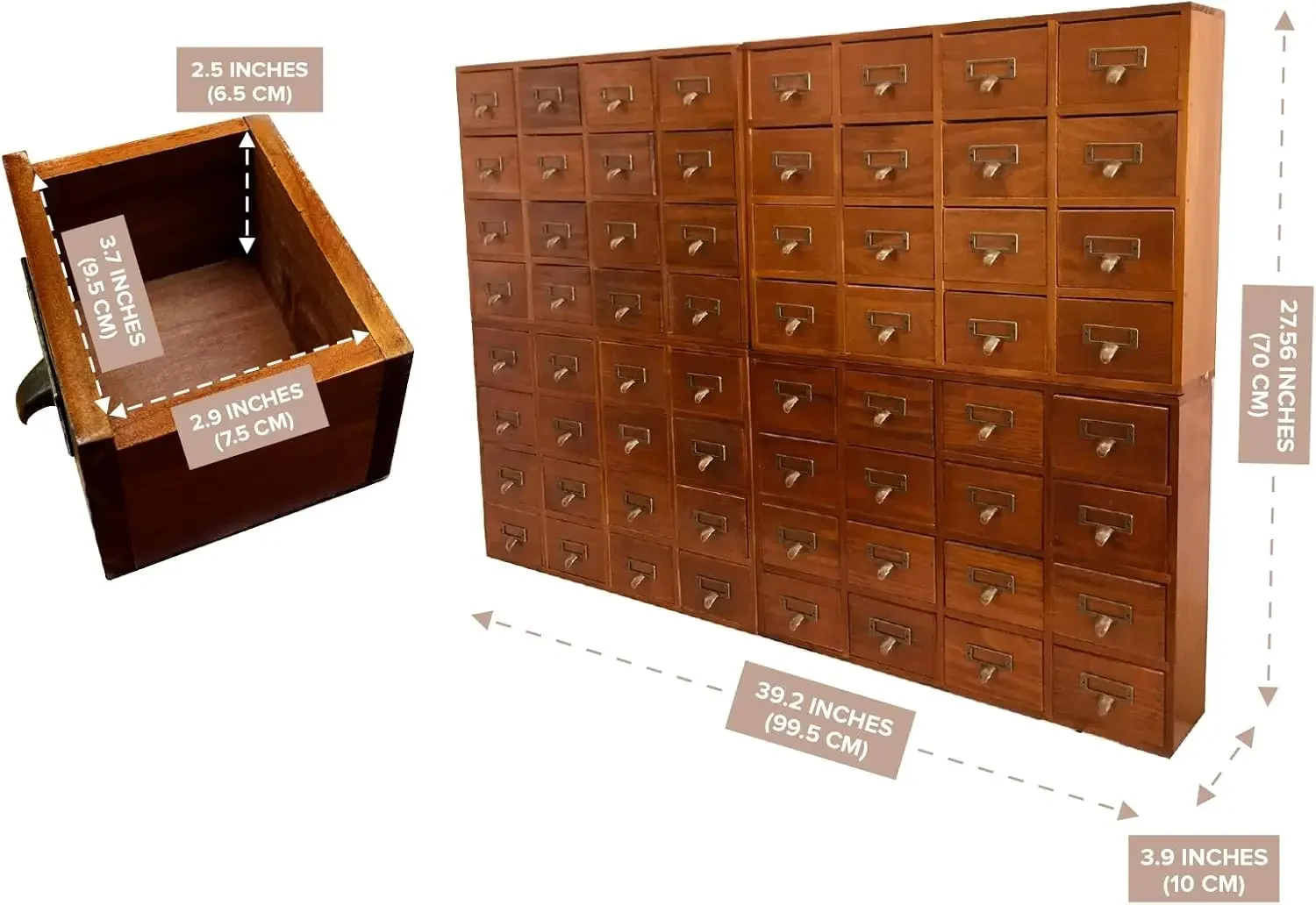 Huge 64-Drawer Wooden Storage Box Traditional Apothecary Curio Cabinet in Vintage Wood - Card Catalog Library Desk