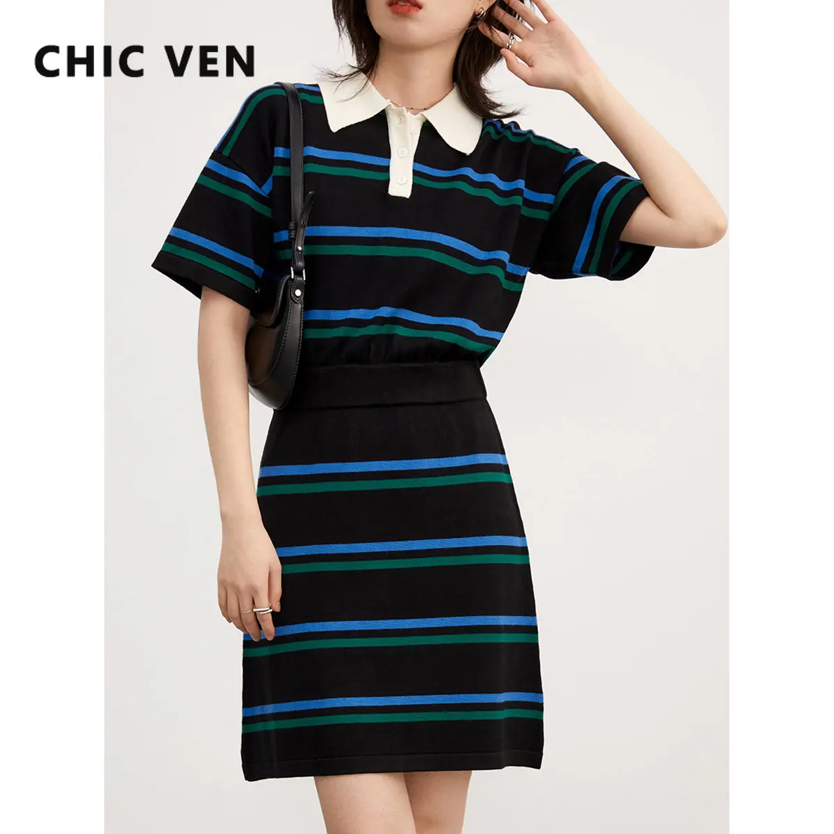 

CHIC VEN Women's Dresses Casual Fashion Contrast Stripe Polo Collar Knit Dress Short Sleeve Office Lady Clothing Summer 2023