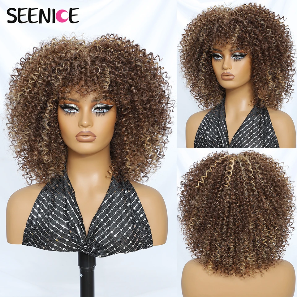 

Curly Wig With Bangs Afro Kinky Curly Wigs for Women Synthetic Fiber Fluffy Cosplay Ombre Black Brown Curly Wig for Daily Use