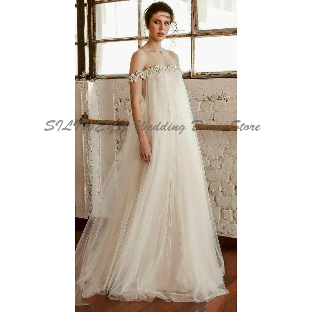 

White Evening Dress Wedding Off The Shoulder O Neck High Quality Floor Length Sweep Train Flowers Evening Prom Party Female Gown