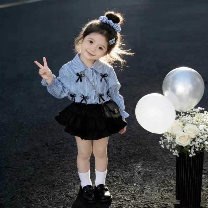 

2026 New Girls College Style Bow Shirt Short Skirt Fashionable Two-piece Children's Spring and Summer Clothing