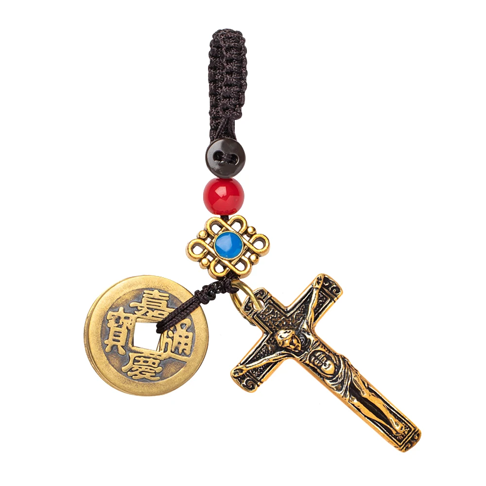 

Luxury Jesus Drive away disaster Lucky keychain with Divination Coins/handbag or Car Key Chain Pendant/Blessing Wealth Success