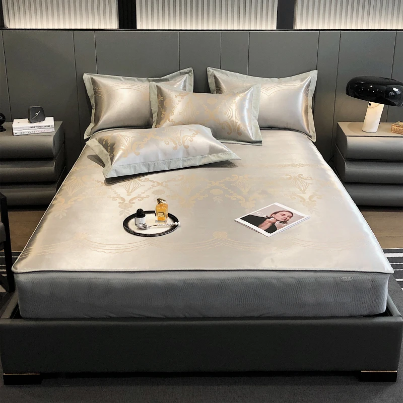 Summer Luxury Bedding Sets Ice Silk Cold Mat  Bed Sheets and Pillwcases Smooth Washable Foldable Solid Color Bed Sheet Soft Mat