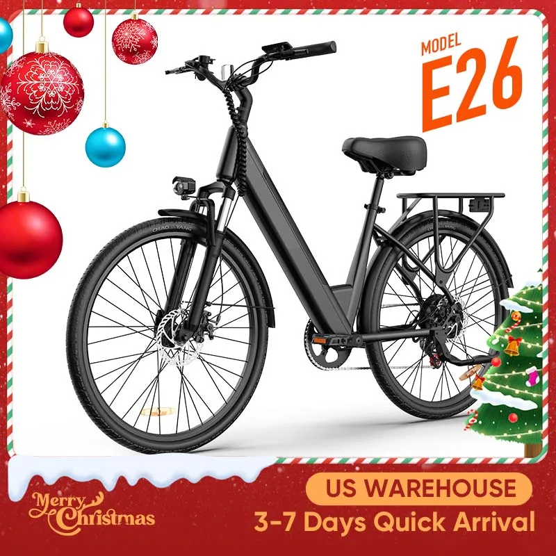 

Peak 750W E26 Electric Bike 26x2" Commuter Tires 48V 10.4Ah Removable Battery 20MPH Speed 7-Speeds LCD Display