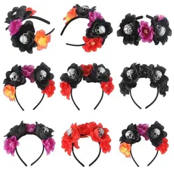 Day of The Dead Halloween Headband Rose Flower Crown Halo Crown Headwear Halloween Skull Hair Hoop Stage Performance Props