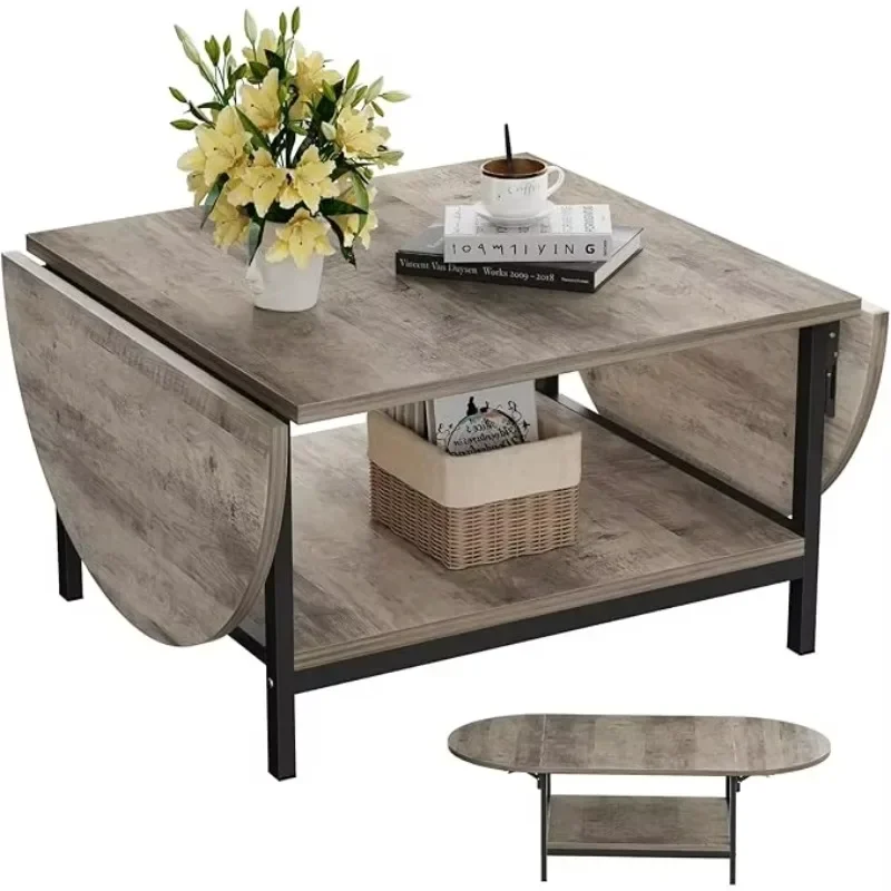 Modern 2-story black wooden coffee table with unique expandable panels  foldable for small