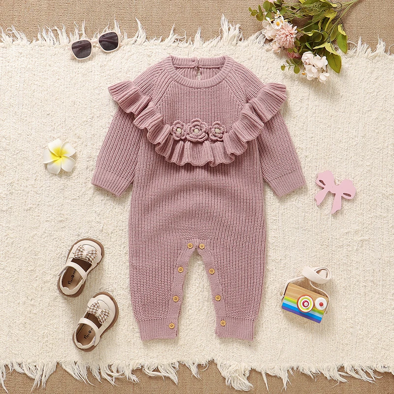 

Infant Girls Rompers Clothes Fall Winter Warm Knitted Newborn Baby Full Sleeves Clothes Pink Outwear Toddler Jumpsuits One Piece