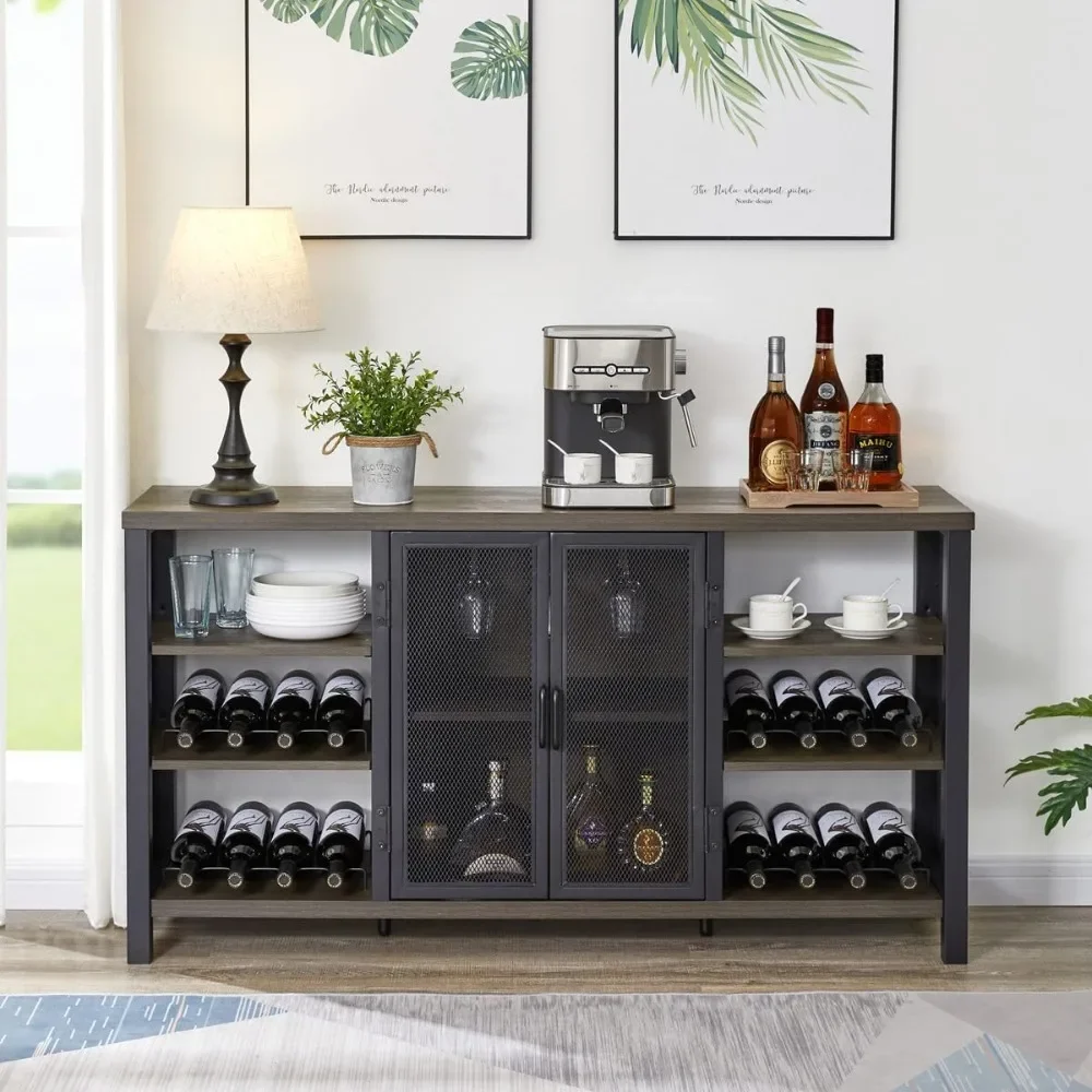 

Bar Cabinet, 55 InchWood Coffee Bar with Wine Rack, Metal Sideboard and Buffet Cabinet, Bar Cabinet