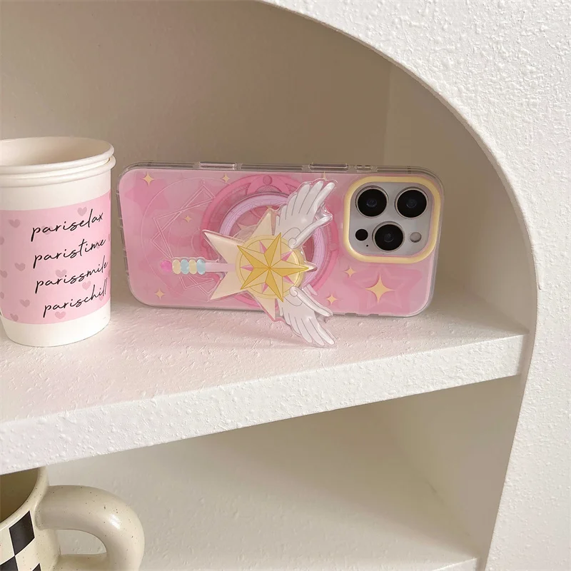 Casing Ponsel Bintang Magsafe Dudukan Magnetik Bentuk Sayap Lucu untuk iPhone 14 13 15 16 Pro Max 15 Pro Pengisi Daya Nirkabel Sampul Lucu Fundas